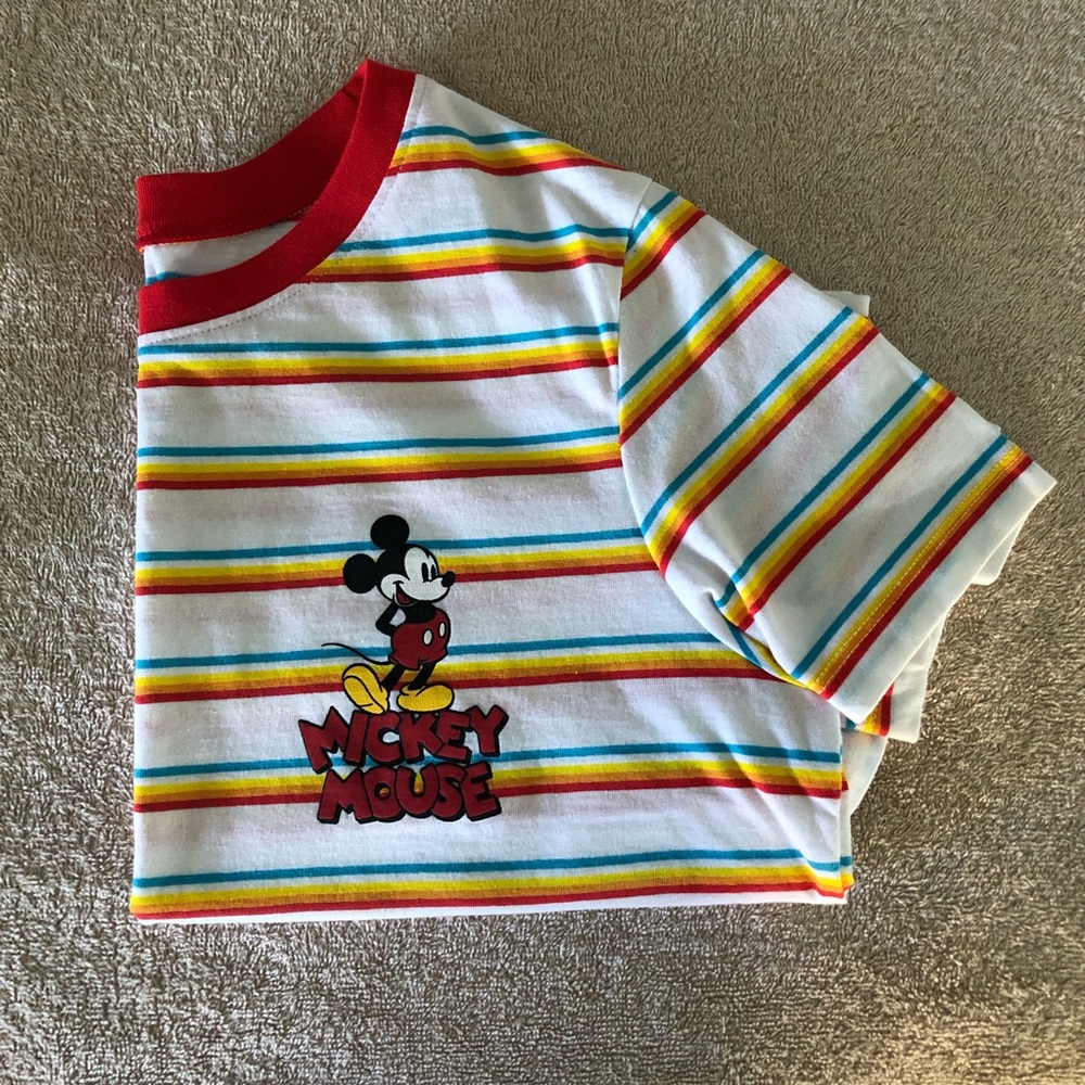 DISNEY Mickey Mouse Rainbow Striped T-Shirt / Tee